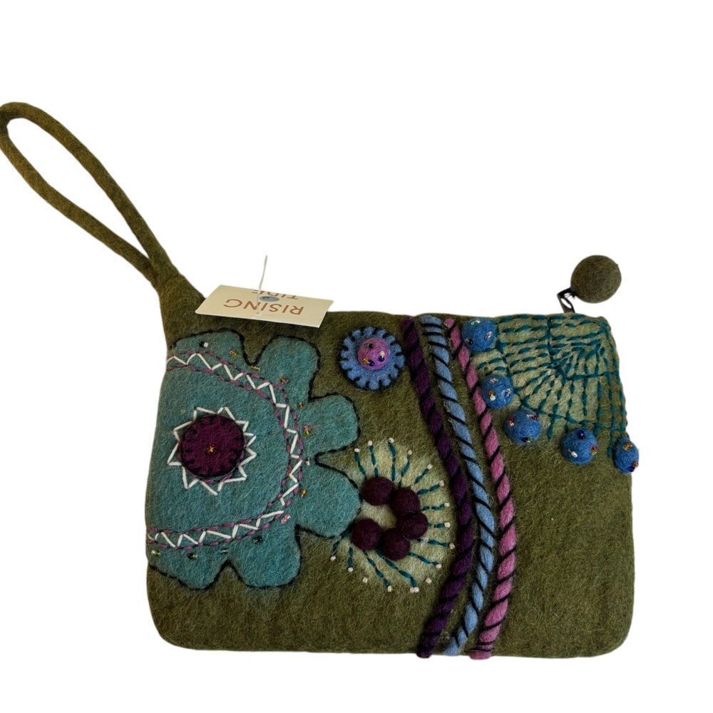 Green Felted Zippered Clutch Featuring Intricate Embroidered Designs.